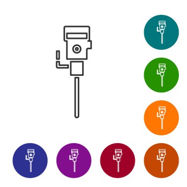 Gri çizgi inşaat kaya matkabı ikonu beyaz arka planda izole edildi. Simgeleri renk daire düğmelerine ayarla. Vektör İllüstrasyonu