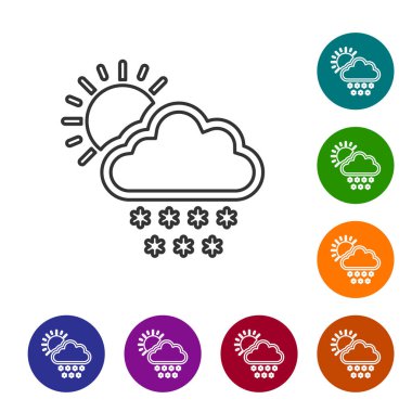 Beyaz zemin üzerinde kar ve güneş ikonu olan gri çizgi bulutu. Kar taneli bulut. Tek hava ikonu. Kar tabelası. Simgeleri renk daire düğmelerine ayarla. Vektör İllüstrasyonu