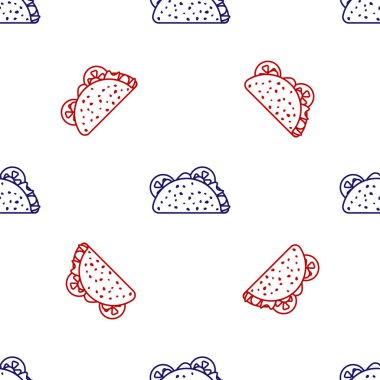 Tortilla ikonlu mavi ve kırmızı Taco beyaz arka planda izole edilmiş kusursuz desen. Geleneksel Meksika fast food 'u. Vektör İllüstrasyonu