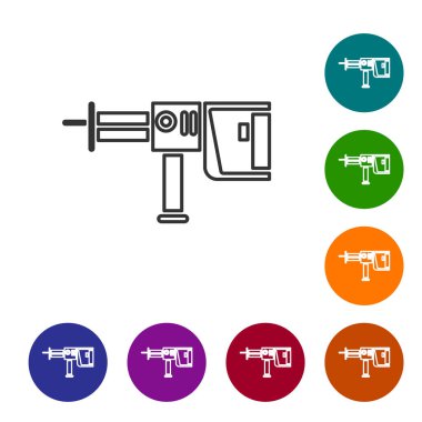 Gri çizgili elektrikli çekiç matkabı ikonu beyaz arka planda izole edildi. İnşaat, onarım ve onarım için kullanılan bir alet. Simgeleri renk daire düğmelerine ayarla. Vektör İllüstrasyonu