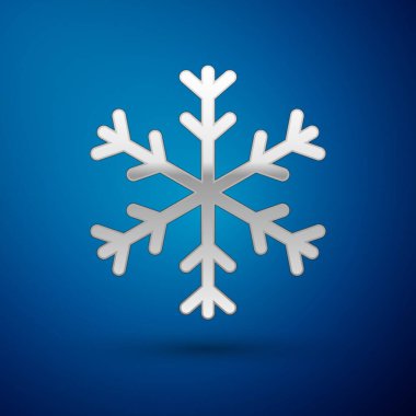 Gümüş Kar Tanesi simgesi mavi arkaplanda izole edildi. Vektör İllüstrasyonu