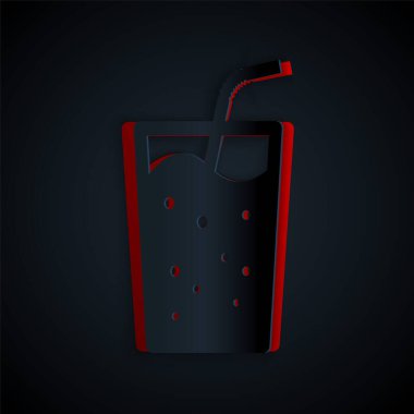 Kağıt kesiği, siyah zemin üzerinde su ikonu olan cam. Soda bardağı ve pipet içmek. Taze soğuk içecek sembolü. Kağıt sanatı tarzı. Vektör İllüstrasyonu