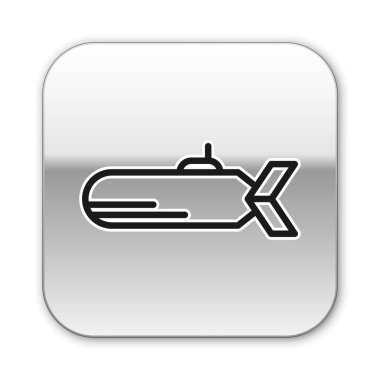 Siyah Denizaltı simgesi beyaz arkaplanda izole edildi. Askeri gemi. Gümüş kare düğme. Vektör İllüstrasyonu