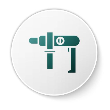 Beyaz arkaplanda yeşil elektrikli matkap simgesi izole edildi. Tamir aleti. Beyaz daire düğmesi. Vektör İllüstrasyonu