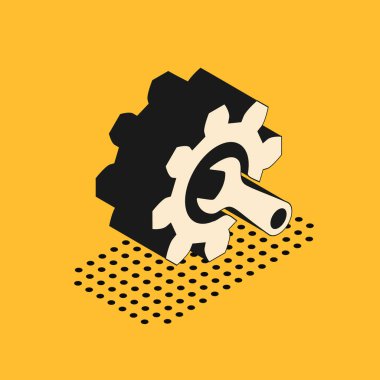 Sarı arkaplanda Isometric İngiliz anahtarı ve dişli simgesi izole edildi. Ayarlama, servis, ayar, bakım, onarım, onarım. Vektör İllüstrasyonu