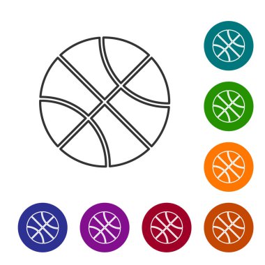 Gri çizgi basketbol topu ikonu beyaz arka planda izole edildi. Spor sembolü. Simgeleri renk daire düğmelerine ayarla. Vektör İllüstrasyonu