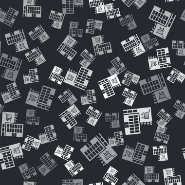 Gri AVM ya da alışveriş arabası ikonu olan süpermarket binası. Siyah arka planda izole edilmiş kusursuz desen. Alışveriş mi mağaza mı? Vektör İllüstrasyonu