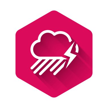 Uzun gölgeli, yağmurlu ve yıldırımlı beyaz bulut. Yağmur damlalı yağmur bulutu yağışı. Fırtına ikonu. Pembe altıgen düğmesi. Vektör İllüstrasyonu