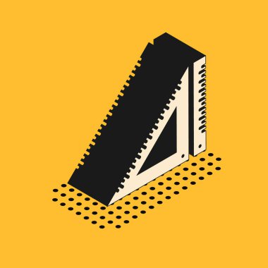 Sarı arkaplanda Isometric Üçgen cetvel simgesi izole. Düz sembol. Geometrik sembol. Vektör İllüstrasyonu