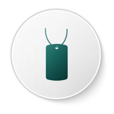 Yeşil Askeri künye simgesi beyaz arka planda izole edildi. Kimlik etiketi simgesi. Ordu işareti. Beyaz daire düğmesi. Vektör İllüstrasyonu