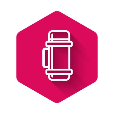 Beyaz termos konteynır ikonu uzun gölgeli. Termo matara ikonu. Kamp ve yürüyüş ekipmanları. Pembe altıgen düğmesi. Vektör İllüstrasyonu