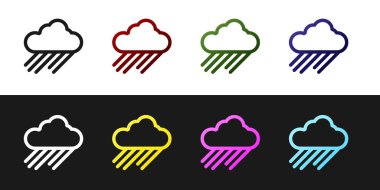 Bulut 'u yağmur simgesiyle siyah beyaz arkaplanda izole et. Yağmur damlaları ile yağmur bulutu yağışı. Vektör İllüstrasyonu