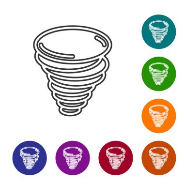 Gri çizgi Tornado simgesi beyaz arkaplanda izole edildi. Kasırga, kasırga, fırtına bacası, kasırga ya da hortum ikonu. Simgeleri renk daire düğmelerine ayarla. Vektör İllüstrasyonu