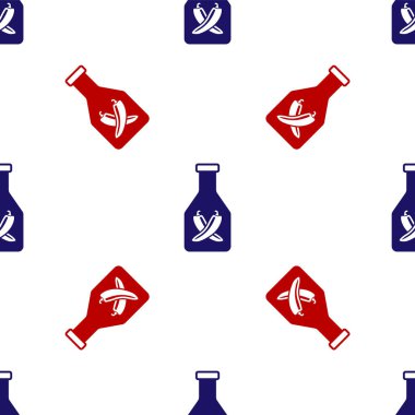 Mavi ve kırmızı ketçap şişesi ikonu beyaz arka planda izole edilmiş pürüzsüz desen. Kırmızı biberli tabela. Barbekü ve ızgara sembolü. Vektör İllüstrasyonu