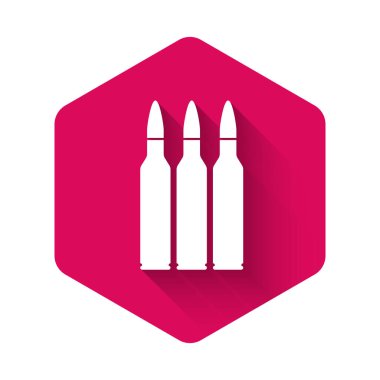 Beyaz Kurşun ikonu uzun gölgeli. Pembe altıgen düğmesi. Vektör İllüstrasyonu