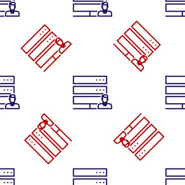 Mavi ve kırmızı Müşteri Hizmetleri sunucusu simgesi beyaz arkaplanda kusursuz desen izole etti. Erkek operatörle teknik destek konsepti. Çağrı merkezi işareti. Vektör İllüstrasyonu