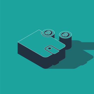 Isometric Crypto para birimi cüzdan simgesi yeşil arka planda izole. Cüzdan ve bitcoin işareti. Maden konsepti. Para, ödeme, nakit, ödeme ikonu. Vektör İllüstrasyonu