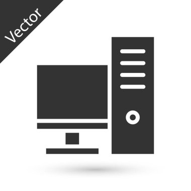 Gri Bilgisayar monitörü simgesi beyaz arkaplanda izole edildi. Bilgisayar bileşeni işareti. Vektör İllüstrasyonu