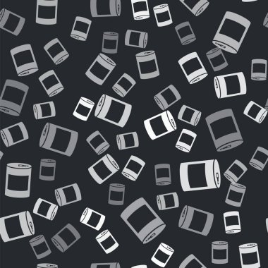 Gri konserve yiyecek ikonu siyah arka planda izole edilmiş kusursuz desen. Hayvanlar için yiyecek. Evcil hayvan yiyeceği kutusu. Vektör İllüstrasyonu