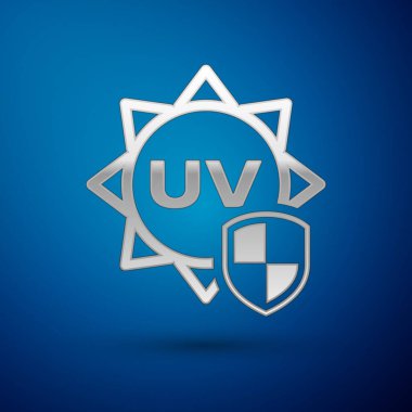 Gümüş Uv koruma simgesi üzerinde mavi arka plan izole. Güneş ve kalkan. Ultra mor ışınları radyasyon. SPF Paz Üye. Vektör çizim