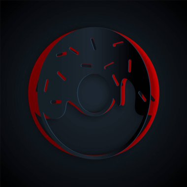 Kağıt kesiği Donut, siyah arka planda izole edilmiş tatlı jöleli simge. Kağıt sanatı tarzı. Vektör İllüstrasyonu