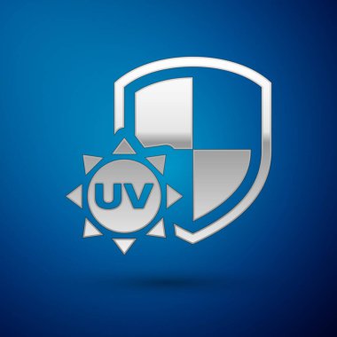 Gümüş Uv koruma simgesi üzerinde mavi arka plan izole. Güneş ve kalkan. Ultra mor ışınları radyasyon. SPF Paz Üye. Vektör çizim