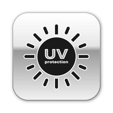 Siyah Uv koruma simgesi beyaz arka plan üzerinde izole. Ultraviyole ışınları radyasyon. Spf güneş işareti. Gümüş kare düğme. Vektör İllüstrasyonu