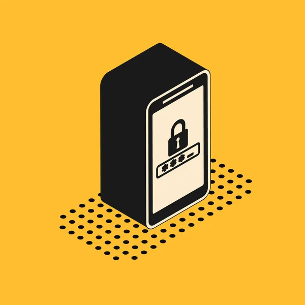 Isométrico Icono de protección de teléfono móvil y contraseña aislado sobre fondo amarillo. Seguridad, seguridad, acceso personal, autorización del usuario, privacidad. Ilustración vectorial — Archivo Imágenes Vectoriales