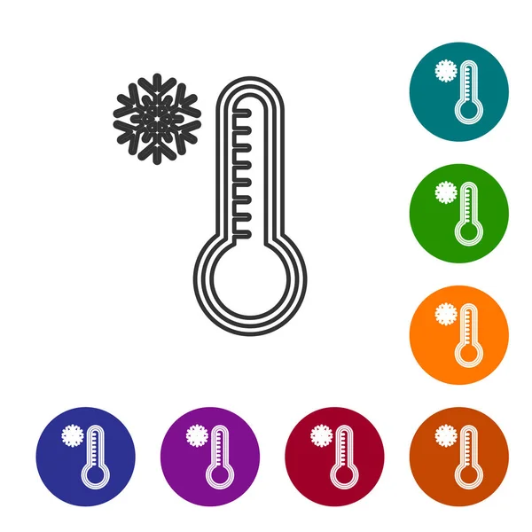 Ligne grise Thermomètre météorologique mesurant la chaleur et l'icône froide isolé sur fond blanc. Équipement de thermomètre montrant le temps chaud ou froid. Définir des icônes dans les boutons de cercle de couleur. Illustration vectorielle — Image vectorielle