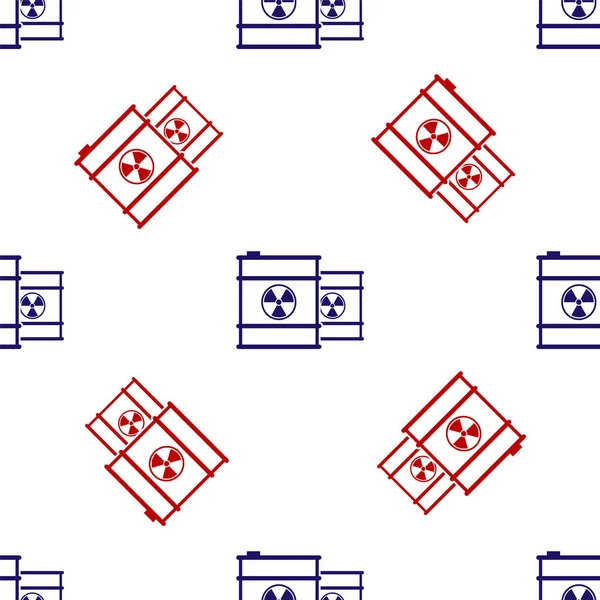 バレルアイコン内の青と赤の放射性廃棄物は、白い背景にシームレスなパターンを分離した。毒性はケグを拒否する。放射性廃棄物の排出環境汚染ベクターイラスト — ストックベクタ
