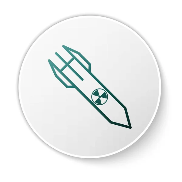 Ícone de foguete nuclear verde isolado no fundo branco. Uma bomba voa para baixo. Botão de círculo branco. Ilustração vetorial —  Vetores de Stock