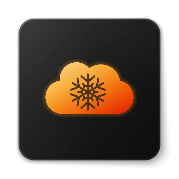 Orange leuchtende Neon-Wolke mit Schnee-Symbol auf weißem Hintergrund. Wolke mit Schneeflocken. einzelnes Wettersymbol. Schneeschild. schwarzer quadratischer Knopf. Vektorillustration — Stockvektor