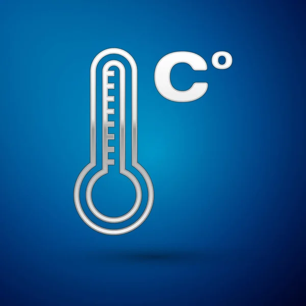 Termómetro Silver Meteorology que mide el calor y el icono frío aislado sobre fondo azul. Temperatura Celsius. Ilustración vectorial — Vector de stock