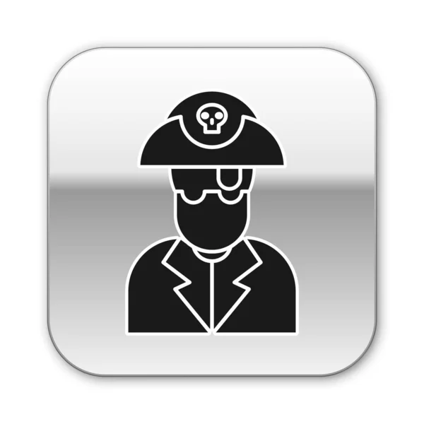 Icono de capitán pirata negro aislado sobre fondo blanco. Botón cuadrado plateado. Ilustración vectorial — Archivo Imágenes Vectoriales
