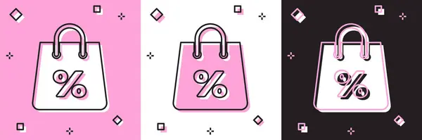 Комплект Shoping сумка с надписью Процентная скидка значок выделен на розовом и белом, черном фоне. Знак "Сумочка". Значок женской сумки. Знак женской сумочки. Векторная миграция — стоковый вектор