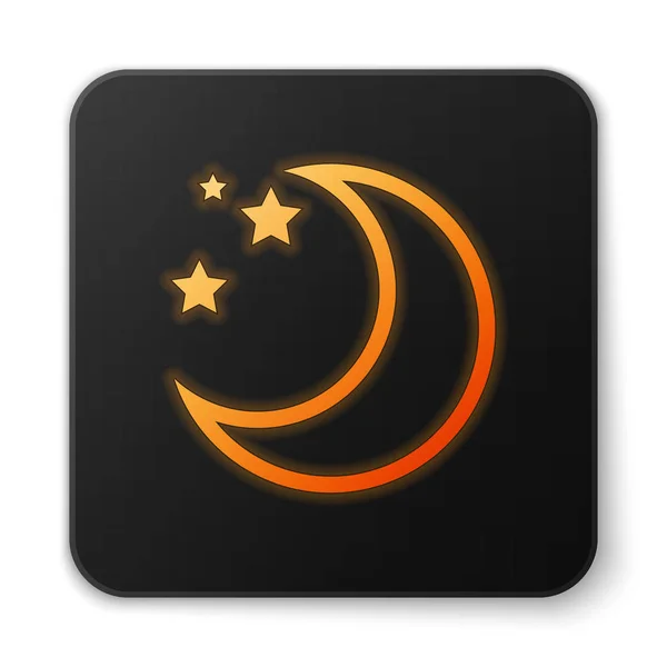 オレンジ色の輝くネオン月と星のアイコンは白い背景に隔離されています。黒の四角形のボタンベクターイラスト — ストックベクタ