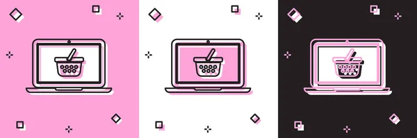 Ange kundvagn på skärmen laptop ikon isolerad på rosa och vit, svart bakgrund. Begreppet e-handel, e-affärer, marknadsföring online. Vektor Illustration — Stock vektor