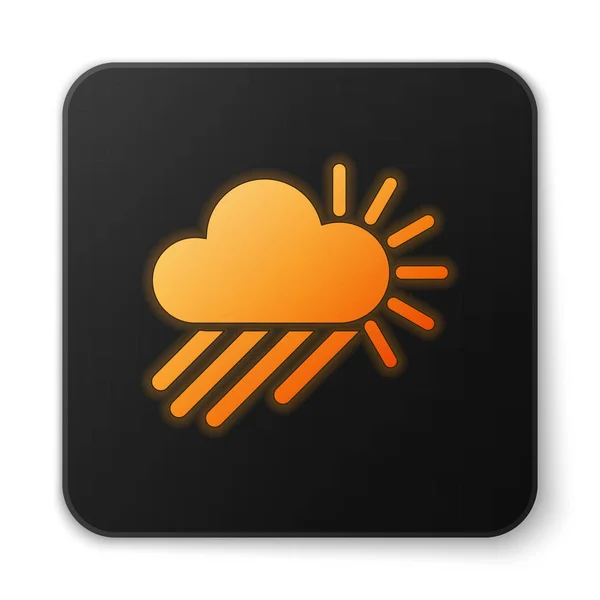 Arancione incandescente neon Nuvoloso con la pioggia e l'icona del sole isolato su sfondo bianco. Pioggia precipitazioni nuvolose con gocce di pioggia. Pulsante quadrato nero. Illustrazione vettoriale — Vettoriale Stock