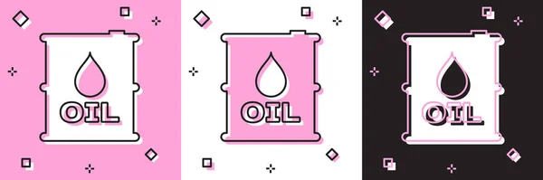 Definir ícone barril de óleo isolado em rosa e branco, fundo preto. Recipiente de óleo. Para infográficos, combustível, indústria, poder, ecologia. Ilustração vetorial — Vetor de Stock