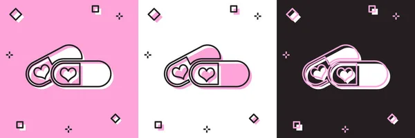 Set Pillen voor potentie, afrodisiacum pictogram geïsoleerd op roze en wit, zwarte achtergrond. Sekspillen voor mannen en vrouwen. Vector Illustratie — Stockvector