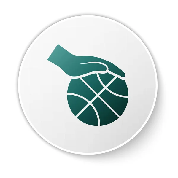 Mão verde com ícone de bola de basquete isolado no fundo branco. Símbolo desportivo. Botão de círculo branco. Ilustração vetorial —  Vetores de Stock