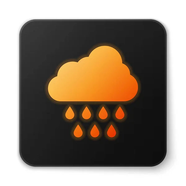 Orange leuchtende Neon-Wolke mit Regensymbol auf weißem Hintergrund. Regenwolken mit Regentropfen. Schwarzer quadratischer Knopf. Vektorillustration — Stockvektor