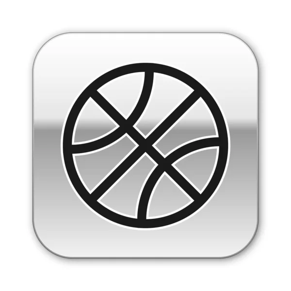 Icona pallacanestro nero isolato su sfondo bianco. Simbolo sportivo. Pulsante quadrato argento. Illustrazione vettoriale — Vettoriale Stock