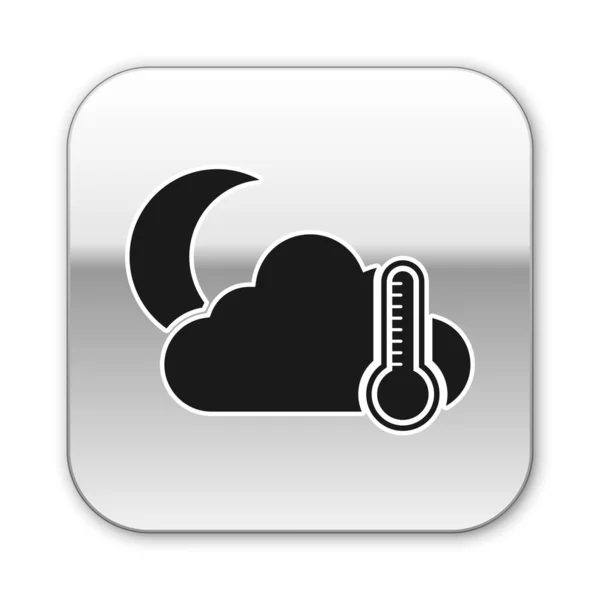 Termómetro negro y nube con icono lunar aislado sobre fondo blanco. Botón cuadrado plateado. Ilustración vectorial — Vector de stock