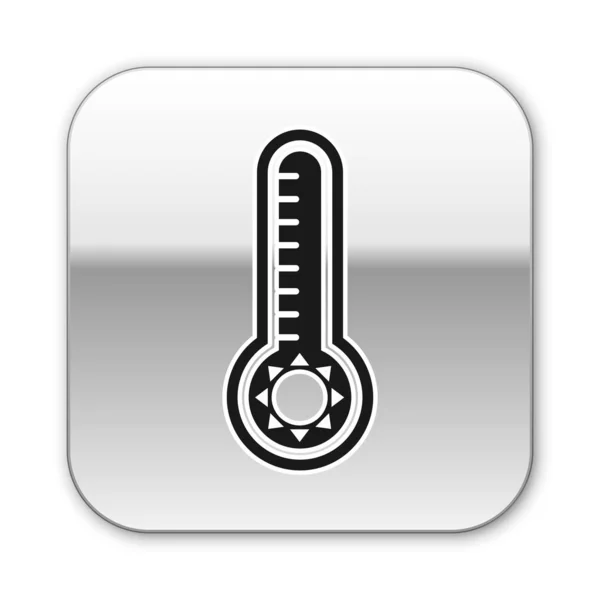 Fekete Meteorológiai hőmérő, amely fehér alapon izolált hőt és hideg ikont mér. Hőmérő berendezés, amely meleg vagy hideg időjárást mutat. Ezüst négyzet gomb. Vektorillusztráció — Stock Vector