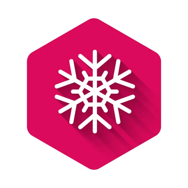 Witte Sneeuwvlok Pictogram Geïsoleerd Met Lange Schaduw Roze Zeshoek Knop — Stockvector