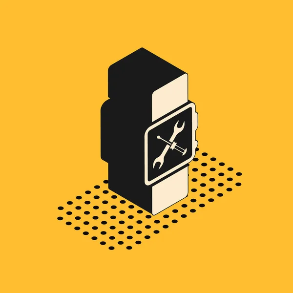 Ізометричний смарт-годинник з викруткою та значком ключа ізольовано на жовтому тлі. Налаштування, обслуговування, налаштування, обслуговування, ремонт, виправлення. Векторна ілюстрація — стоковий вектор