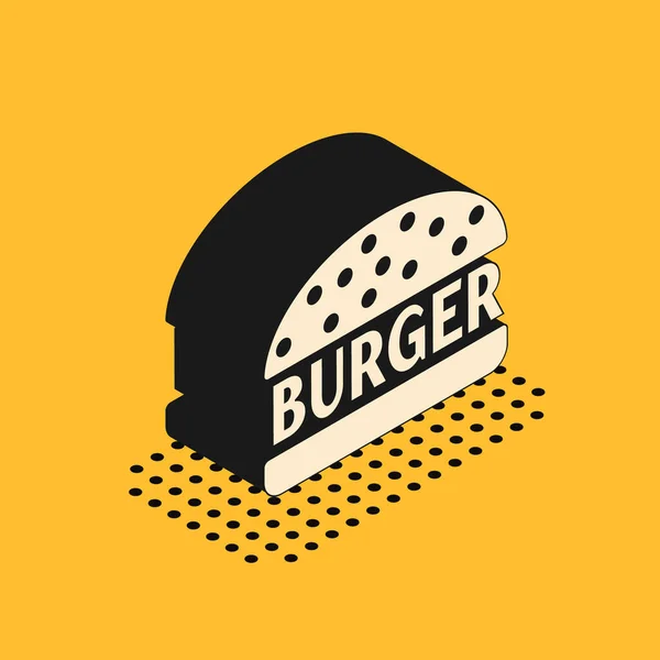 Isometrisches Burger-Symbol auf gelbem Hintergrund. Hamburger Ikone. Cheeseburger Sandwich-Schild. Vektorillustration — Stockvektor