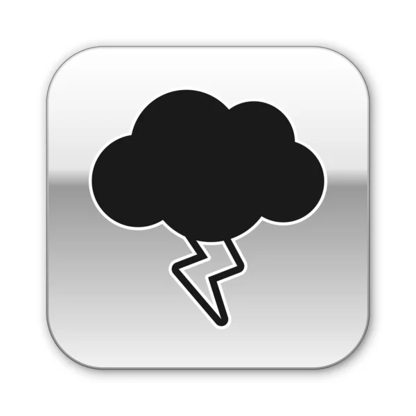 Icono de tormenta negra aislado sobre fondo blanco. Nube y relámpago. Icono del tiempo de tormenta. Botón cuadrado plateado. Ilustración vectorial — Vector de stock