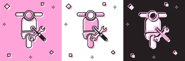 Definir Scooter com chave de fenda e ícone chave isolada em rosa e branco, fundo preto. Ajuste, serviço, configuração, manutenção, reparação, fixação. Ilustração vetorial — Vetor de Stock